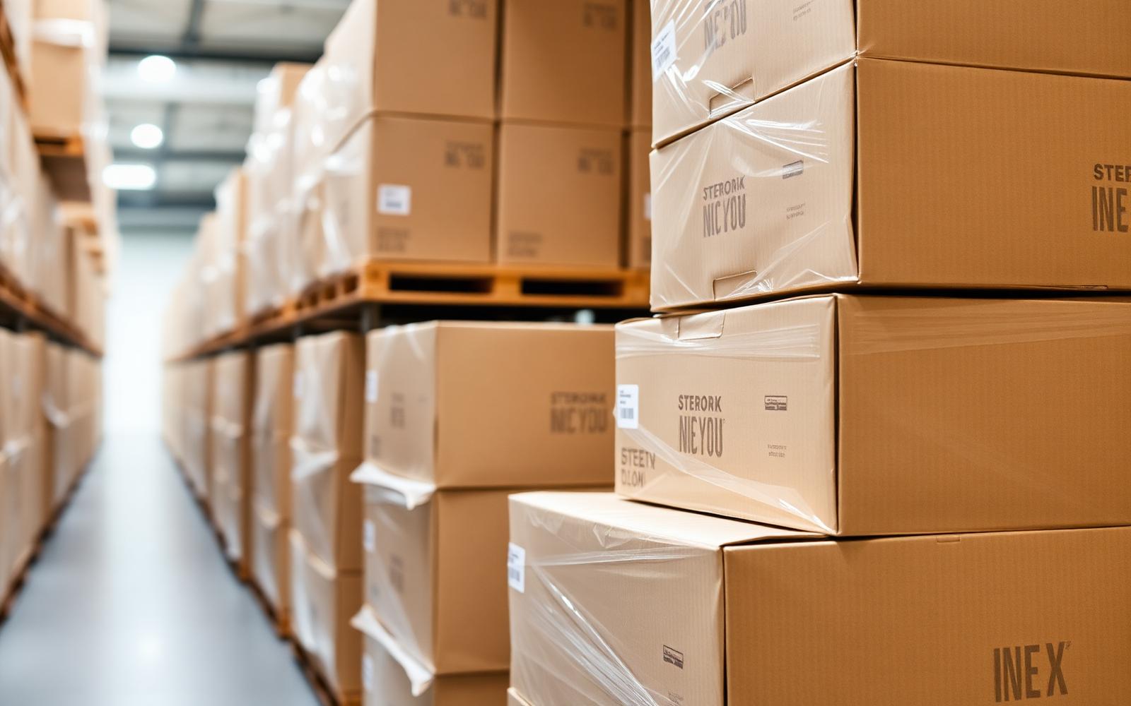 Neatly wrapped pallets of consumer goods in a UK warehouse